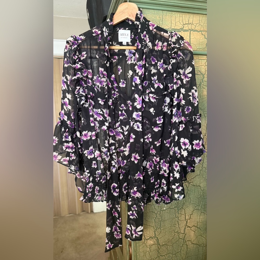 MISA Los Angeles Floral Sheer Tie-Neck Blouse – Size XS